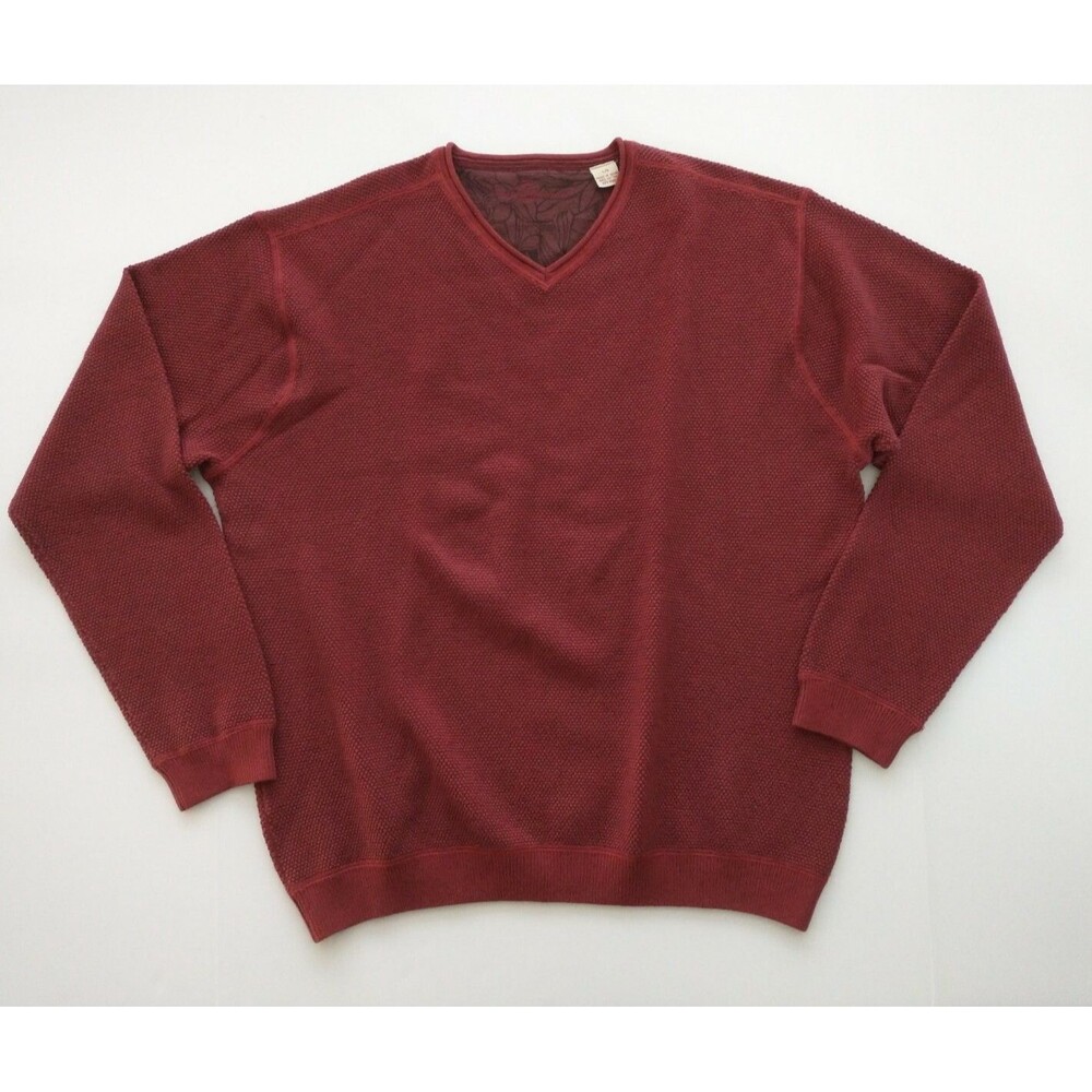 Tommy Bahama Wool Blend Waffle Sweater Sz L Rolled V-Neck Warm Dark Red (79)